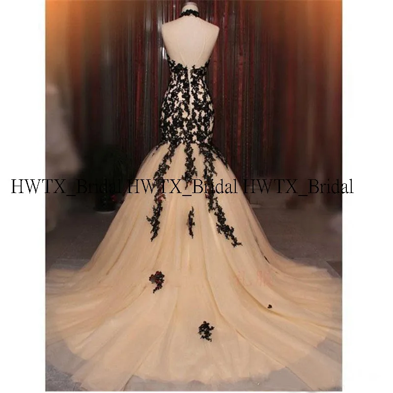 HWTX_Bridal Черная Кружевная аппликация вечернее платье Иллюзия Высокая шея открытая спина Шампанское Тюль Длинные платья для выпускного вечера Русалка на заказ