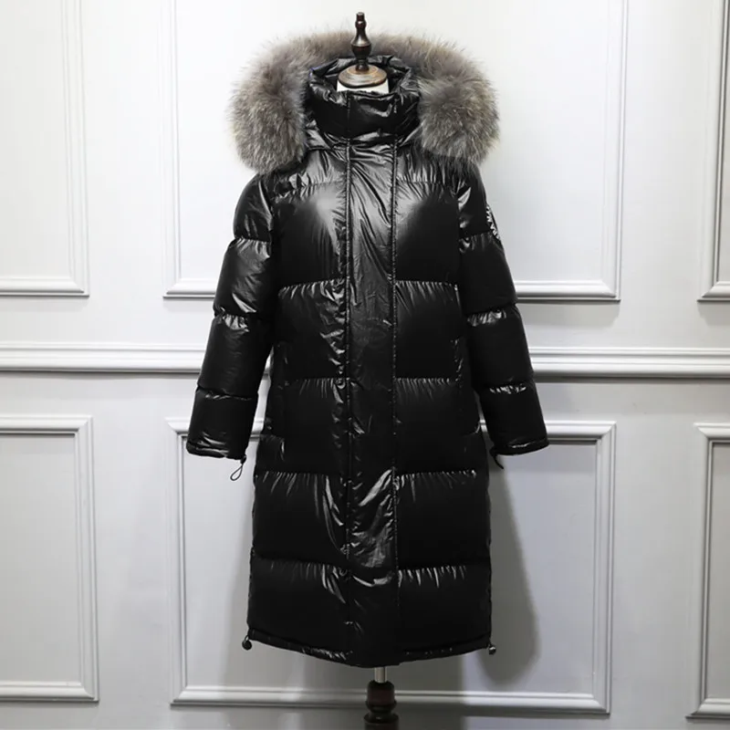 LUZUZI, женский пуховик, новинка, зимнее пальто, большой воротник из натурального меха, для женщин, длинный, утолщенный, теплый, с капюшоном, для женщин, глянцевая парка - Цвет: black artificial fur
