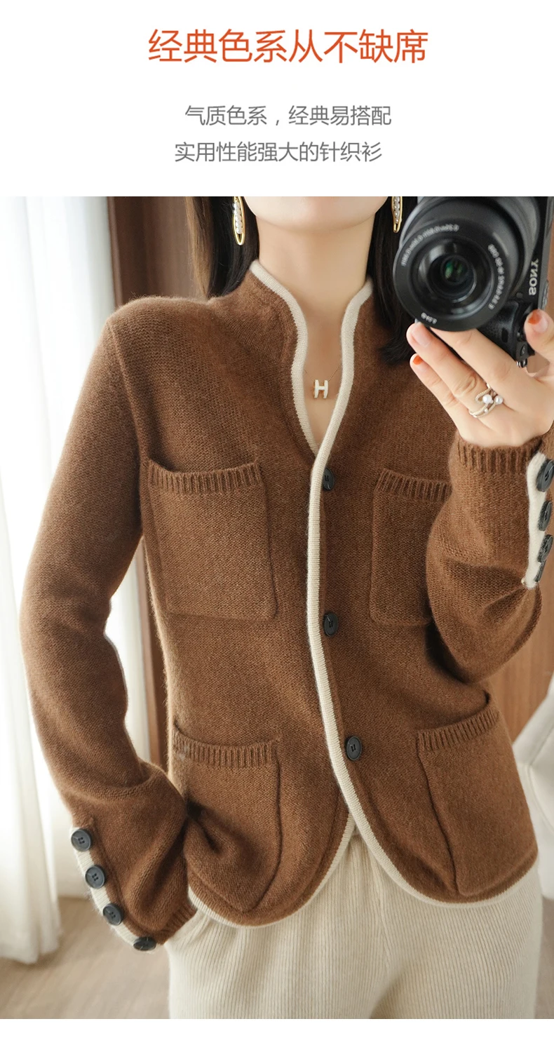 100% Cashmere / Wool Sweater Autumn/Winter 2021 Women's Stand-up Collar Cardigan Casual Knit Tops Korean Plus Size Female Jacket turtleneck