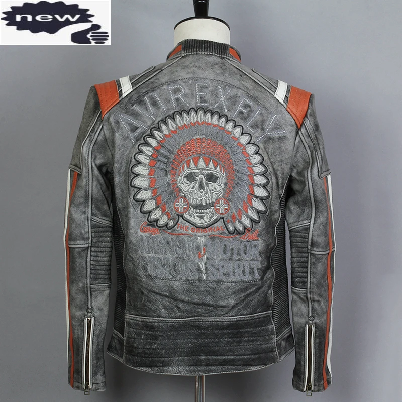 

AVIREX FLY Fashion Mens Vintage Genuine Motorcycle Slim Fit Skull Leather Men Black Biker Jacket