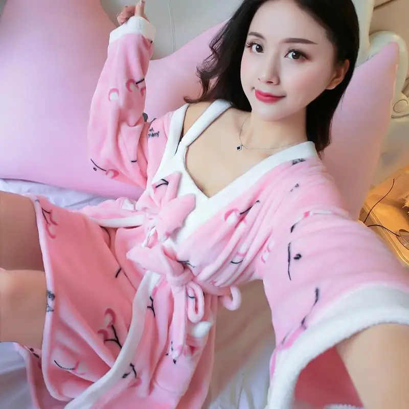 2PCS Sleep Set Lady Robe Suit Bathrobe Cute Winter Soft Nightwear Thick Bow Sleepwear Nightgown Flannel Home Clothing Nightdress - Цвет: Style A