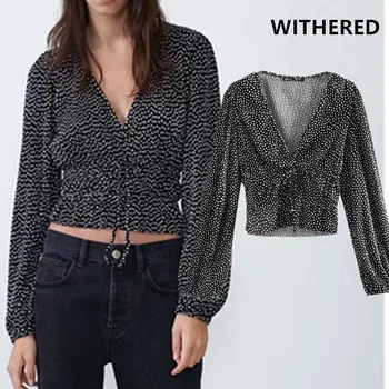 

Withered england elegant pleated polka dot vneck short kimono shirt women blusas mujer de moda 2020 blouse womens tops plus size