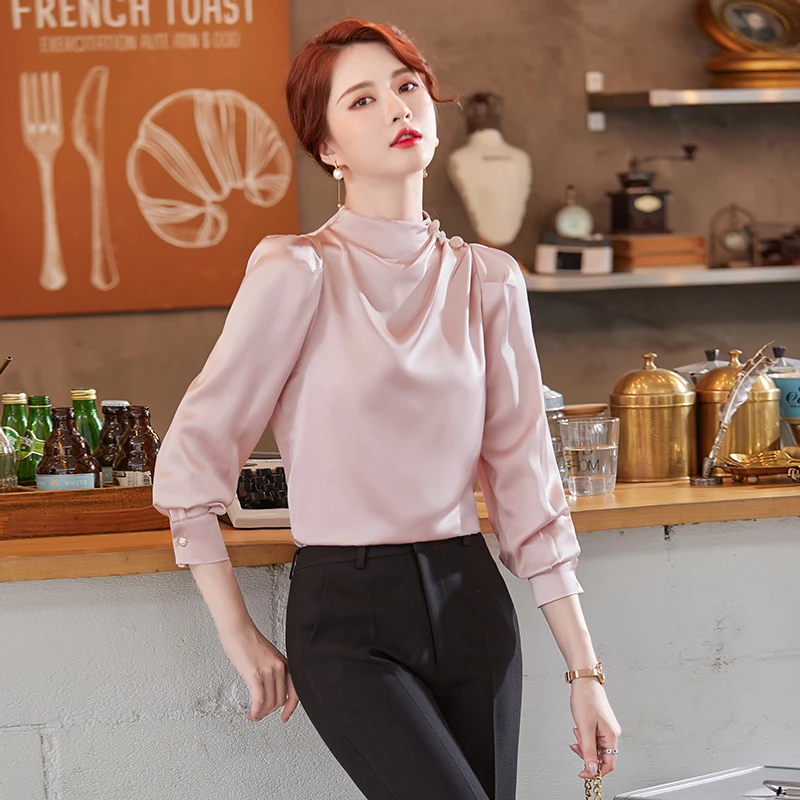 Blusas de manga larga de tela para mujer, ropa trabajo de negocios, elegante, color rosa, de grande|Blusa| - AliExpress