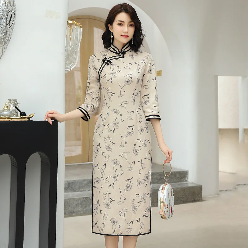 Осеннее платье до колена Cheongsam винтажное китайское платье с воротником-стойкой женское Замшевое платье Qipao тонкое вечернее платье Vestido M-4XL - Цвет: 5202