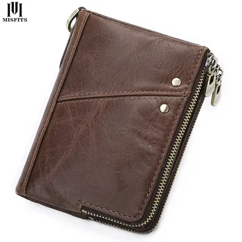 

MISFITS 100% Cow Leather Wallet Men Fashion Bifold Card Holder Wallet Anti theft Double Zipper Short Wallets Clutch Wallets