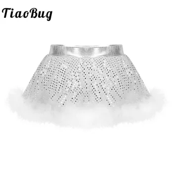 

TiaoBug Women Girls Elastic Waistband Feather Trim Shiny Sequins Christmas Party Mini Skirt Lady Stage Performance Dance Costume