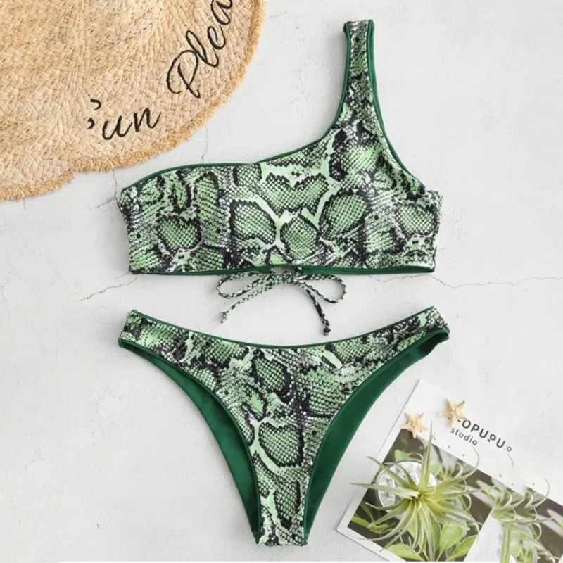

Artificial Snake Skin Printed Women Tankini One Shoulder Lace-up Thick Bikini Swimwear Lady Padded Bra Beach Suit Swimsuit