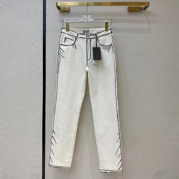 

High-end White High Waist Straight Jeans Pants for Women Black Line Print Pattern Cute Fashion Denim Pants Casual Long Trousers