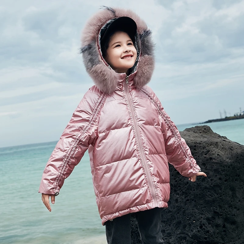 Pink Зимняя куртка-пуховик для девочек Детская однотонная блестящая верхняя одежда с капюшоном и воротником из натурального меха белое пальто на утином пуху для От 5 до 14 лет, одежда, парка - Цвет: Pink