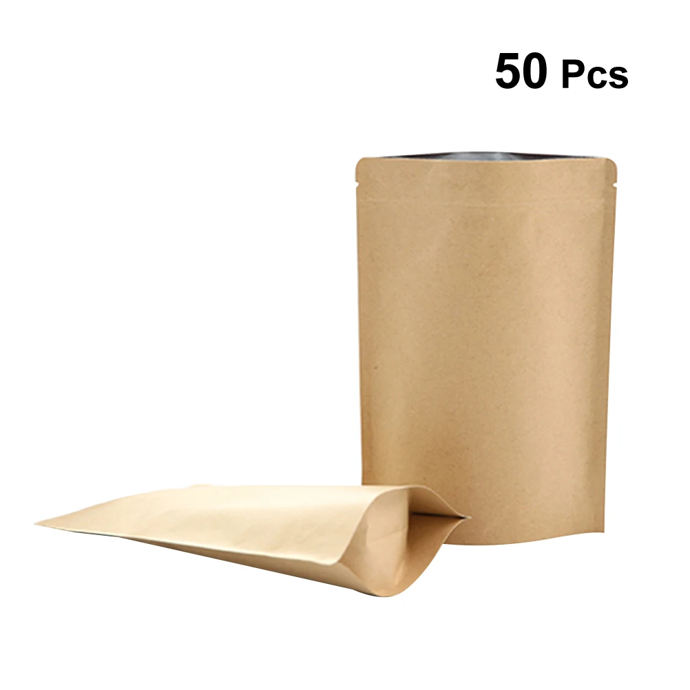 

50pcs Kraft Paper Bag For Tea Food Storage Bag Self Standing Pouch Aluminum Foil Film Liner Moisture-Proof Zipper Tea Sealed Bag