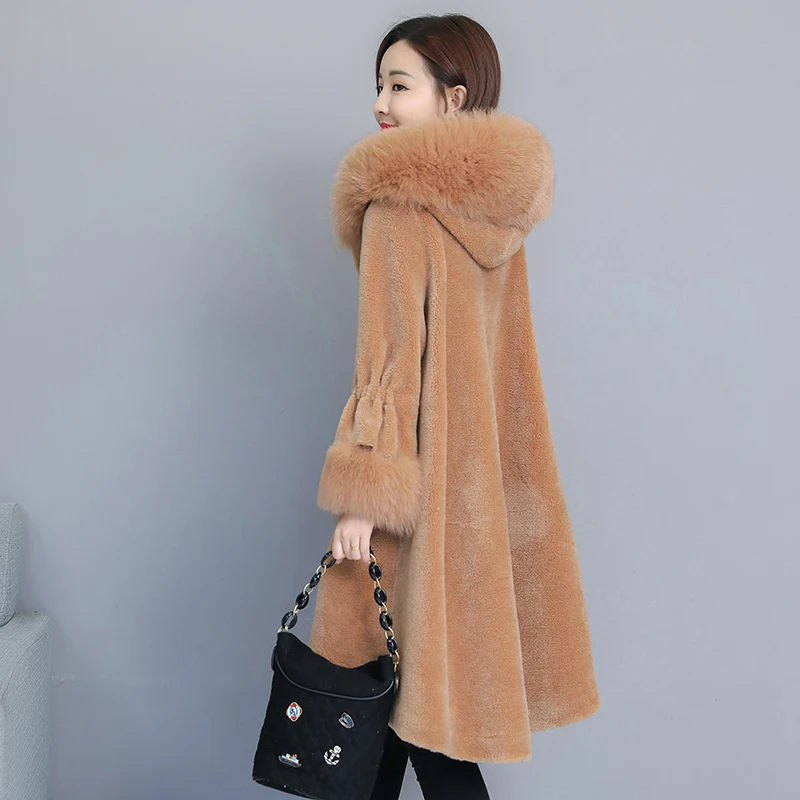 

HANZANGL winter brand sheep sheared coat Jacket 2019 female section fox fur Collar coats wool Double-faced Fur Overcoat