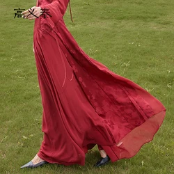 Gaoyitai elegante tridimensional plissado saia longa de seda do vintage outono bordados flares vinho vermelho festa saias das mulheres cy010