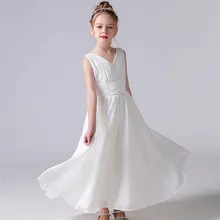 Simple Girl Dress For Party Wedding 2021 Chiffon Summer Style V-Neck Ankle-Length Sleeveless Bow DesignElegant A-Line Hot Sale