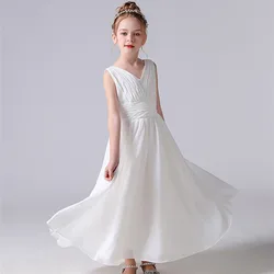 Simple Girl Dress For Party Wedding 2021 Chiffon Summer Style V-Neck Ankle-Length Sleeveless Bow DesignElegant  A-Line Hot Sale