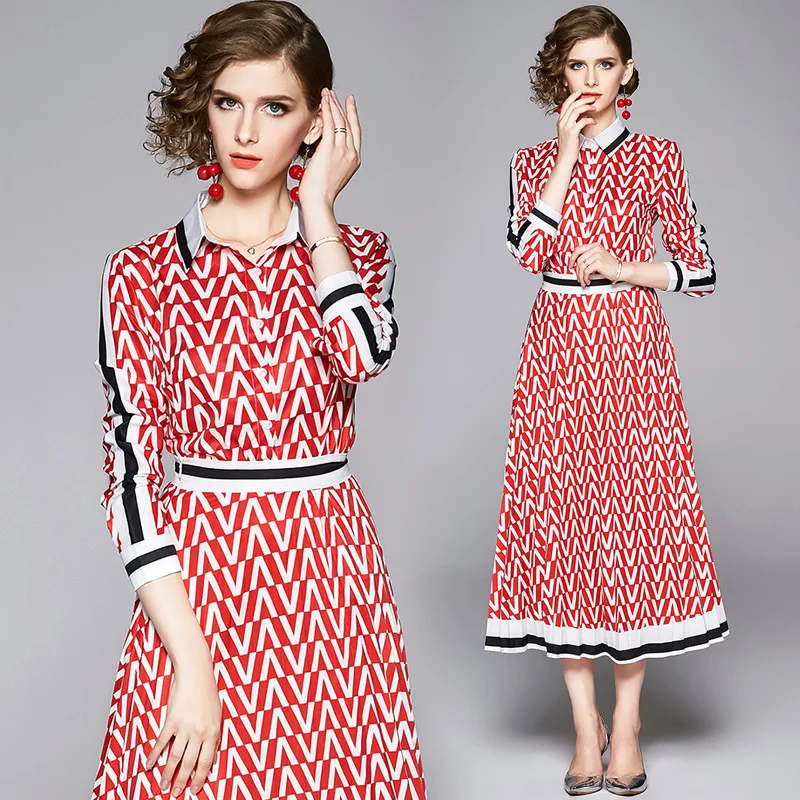 

Large Austrian Trend WOMEN'S Dress Europe And America Versitile Fashion Positioning Printed Shirt Collar Shirt + Pleated Skirt