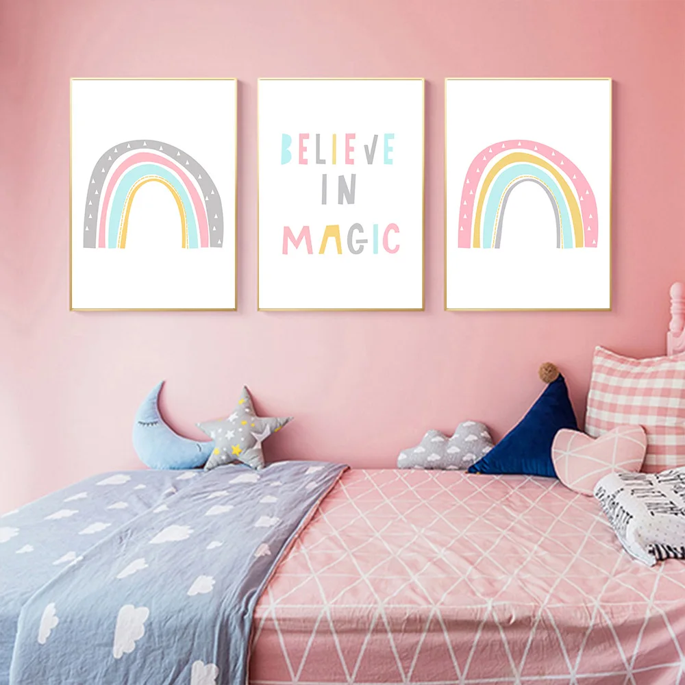 Colorful-Rainbow-Nursery-Canvas-Print-Poster-Believe-In-Magic-Quotes-Wall-Art-Posters-Pink-Wall-Painting