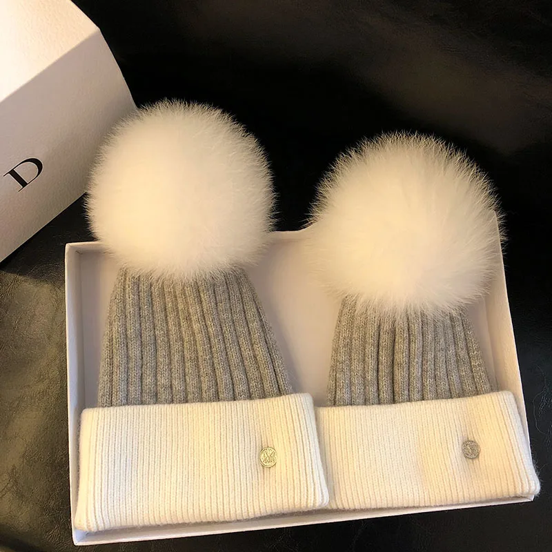 Шапка для родителей и детей зимняя шапка с меховым помпоном женщин вязаная зимние высококачественные
