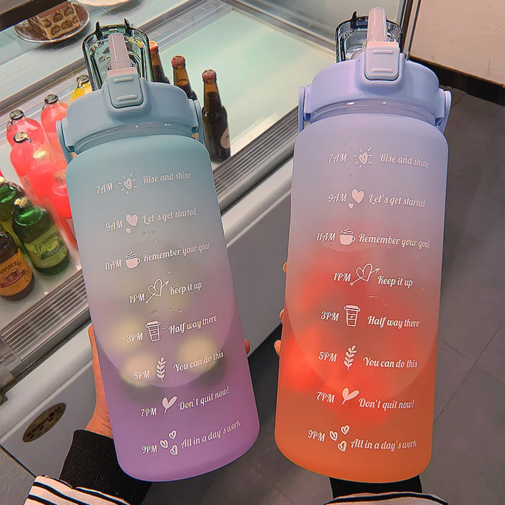 2 Liter Water Bottle With Straw For Girls Time Marker Sticker Leakproof Outdoor Motivational Drinking Sport Bottle