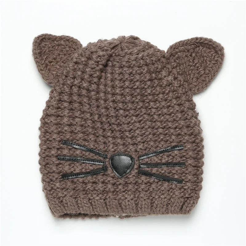 Хаки H7520 сезон осень-зима; детский вязаный Beanie Hat Baby двойные толстые теплая шерсть девочки-мальчики с украшением в виде кошачьих ушек и симпатичное платье в мультипликационном головные уборы Skullies Шапки - Цвет: Хаки