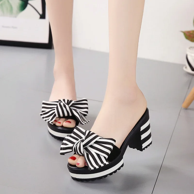

2018 Summer High Heel Slippers Sandals Women's Thick Bottomed Beach Chunky-Heel Sandals Sweet Stripes Bow Fashion