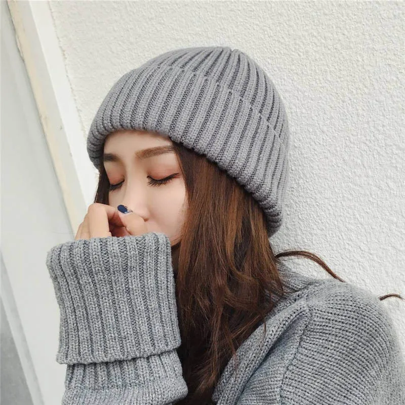 grey Wo Мужская зимняя шапка, вязаная с манжетами, короткая, дыня, одноцветная, Череп, шапка, мешковатая, Ретро стиль, Docker Beanie, шапка Skullies Beain, шапка для мужчин - Цвет: grey