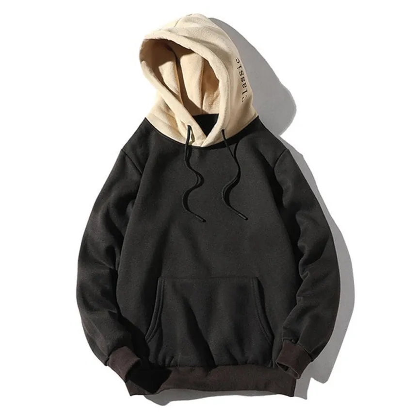 

Solid Color Black Hoodie Drawstring With Pockets Men Sweatshirt Casual Patchwork Hooded Top Blusas With Pockets
