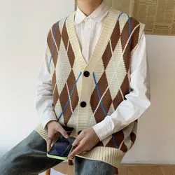 Осенний кардиган мужской модный контрастный вязаный свитер с v-образным вырезом жилет мужской повседневный свободный свитер без рукавов