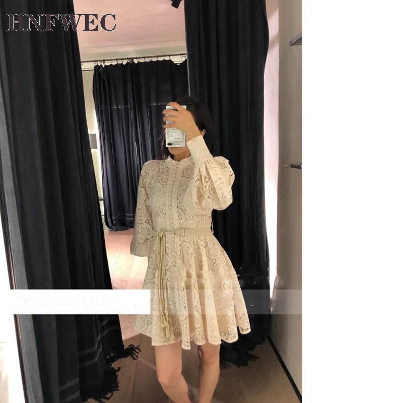 

Autumn Lace Decorative Pattern Embroidery Waist To Show Thin Hubble-bubble Sleeve Hollow Out Stand Lead Dress D129