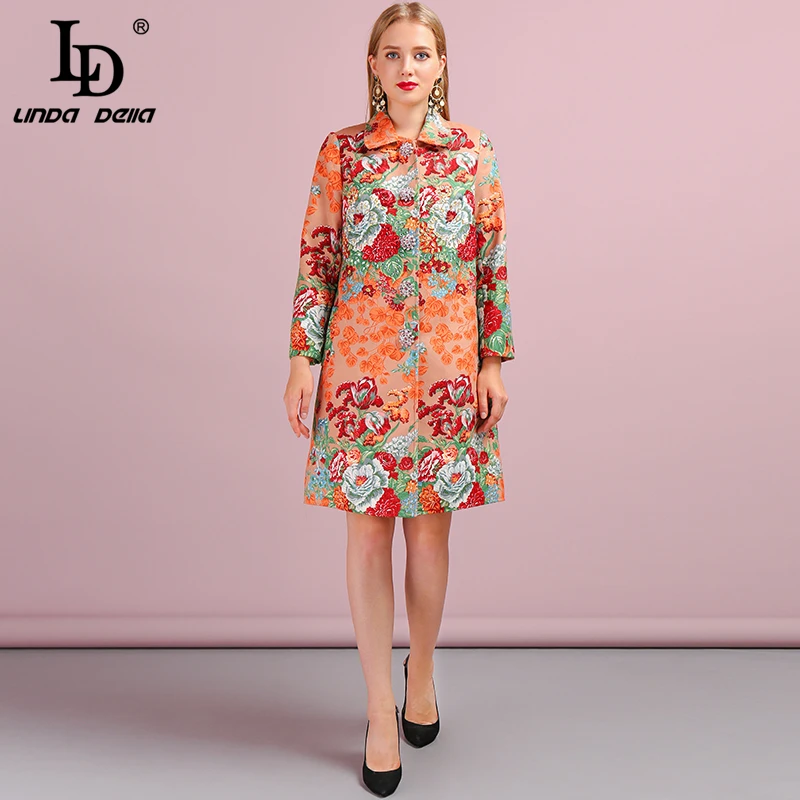 

LD LINDA DELLA Autumn Winter Overcoat Warm Women's Coats Long Sleeve Gorgeous Beading Printed Elegant Vintage Outwear + Dress