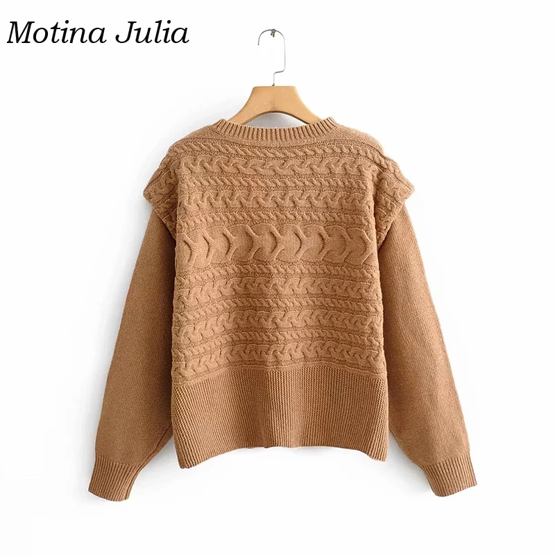 Motina Julia, осенне-зимний вязаный свитер из двух частей, женский джемпер с круглым вырезом, повседневный вязаный пуловер, вязаные свитера для женщин