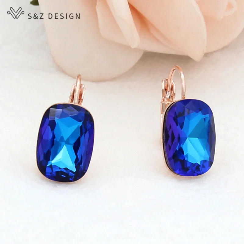 S&Z DESIGN Elegant 585 Rose Gold Color Square Crystal Dangle Earrings For Women Wedding Party Fashion Jewelry