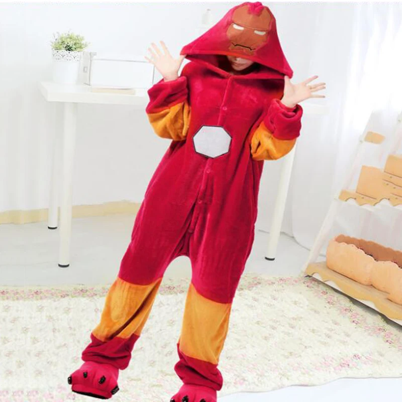 Железный человек пижамы Аниме Onesie кугуруми костюм женщины мужчины зима фланель супер герой, для взрослых Ночная Пижама комбинезон для девочки - Цвет: Красный