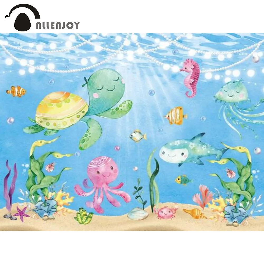 

Allenjoy Under the Sea Lights Marine Life Cartoon Jellyfish Birthday Party Background Baby Shower Newborn Photo Shoot Backdrop