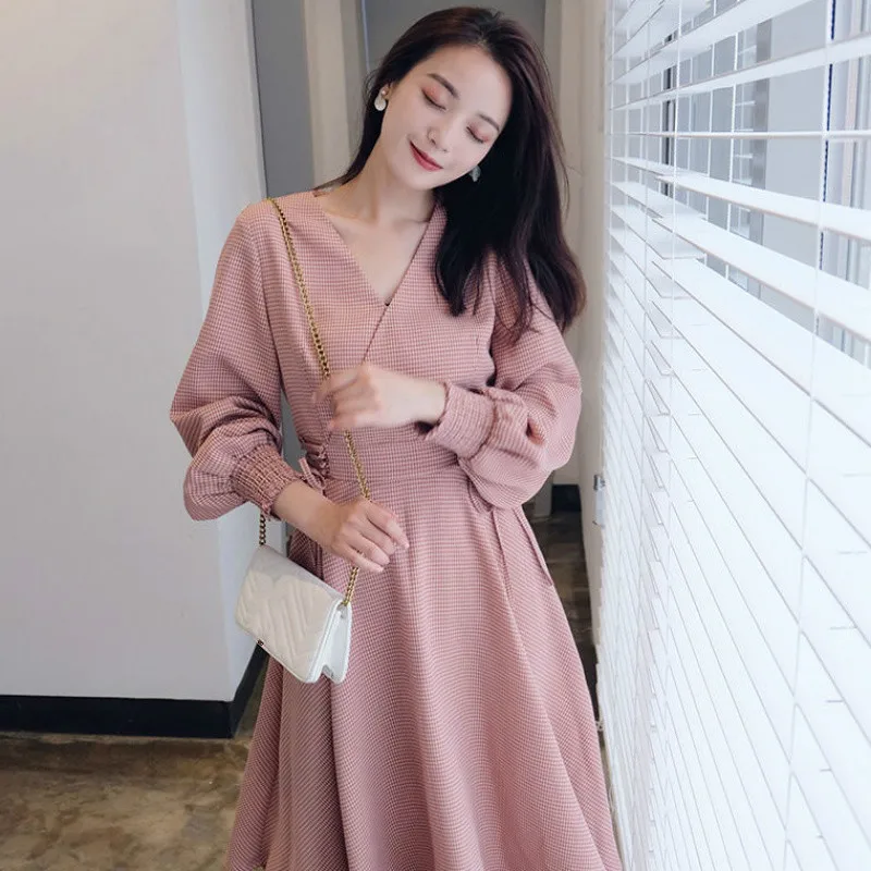 Woherb корейский осенне-зимнее платье с длинным рукавом женское клетчатое платье с v-образным вырезом элегантное, с тонкой талией повседневное офисное женское платье