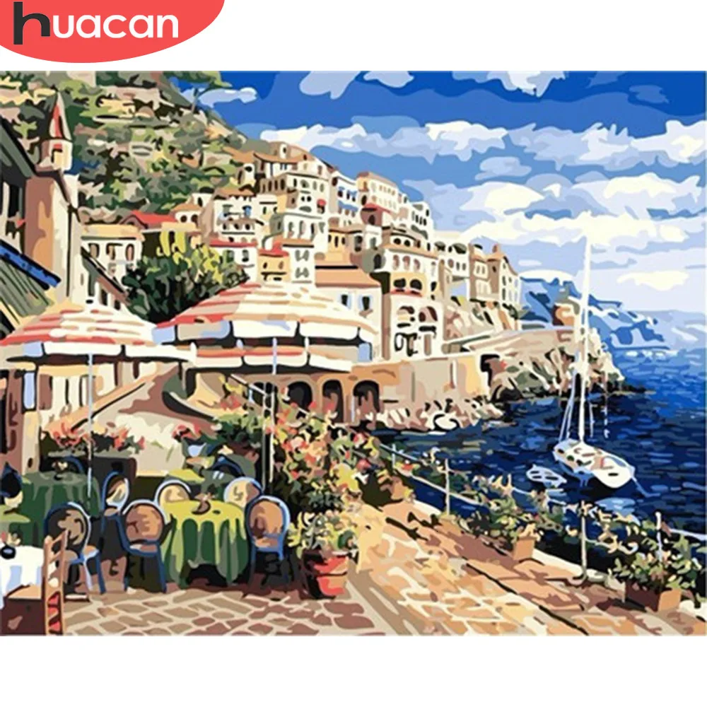 HUACAN краска для рисования по номерам пейзаж город акриловая взрослых настенное