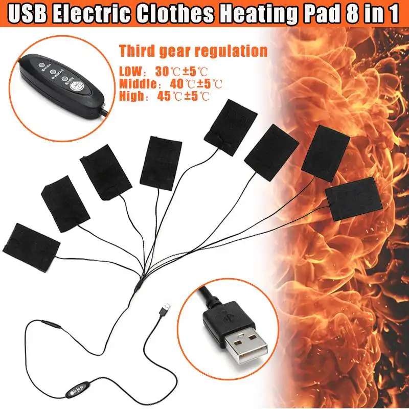 8 pads Usb электрическая грелка 5 в 12 В с 3 передачами Регулируемая температура углеродного волокна грелка для ткани жилет куртка - Цвет: 8 pads