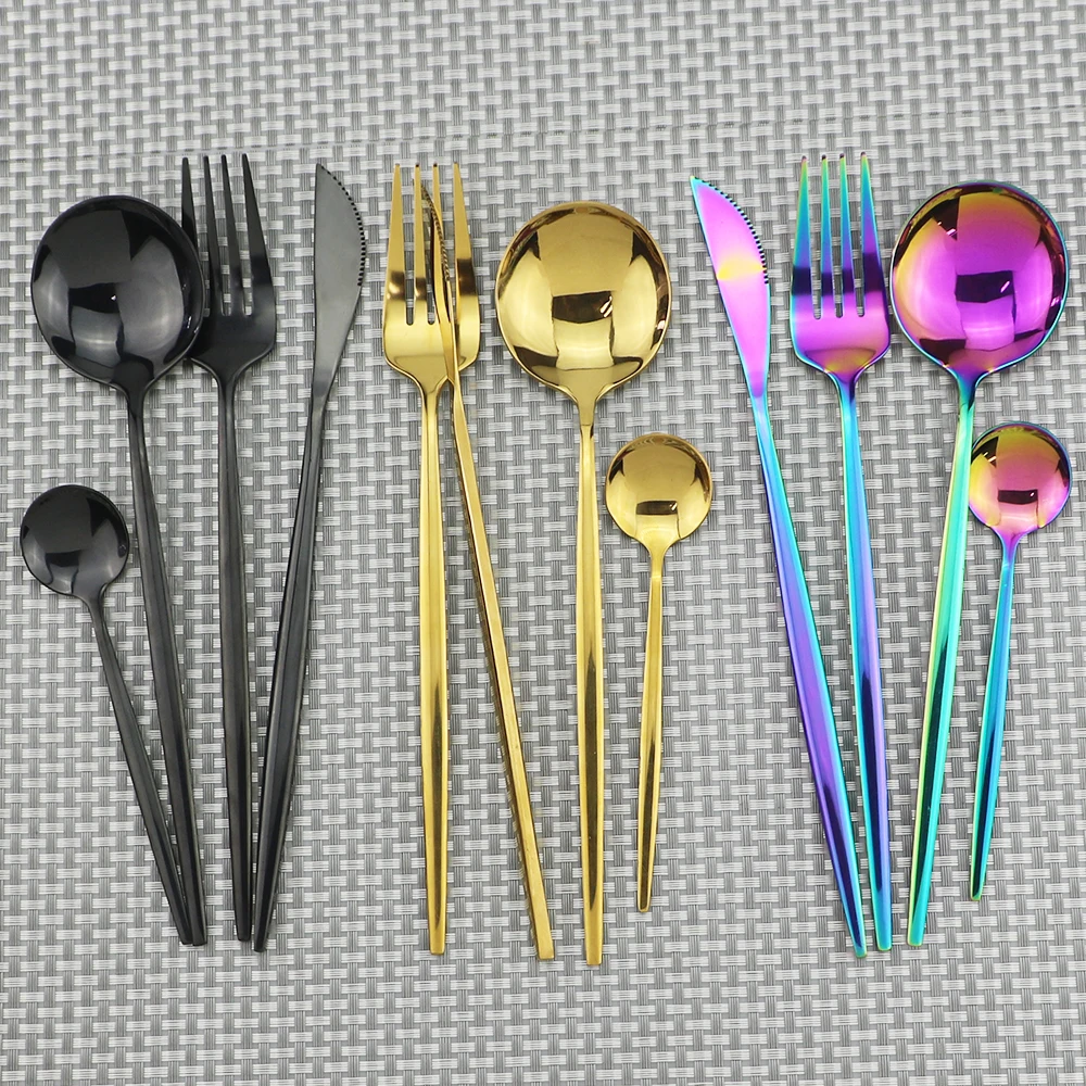 

4pcs Gold Dinnerware Set 304 Stainless Steel Rainbow Cutlery Set Knife Fork Spoon Teaspoon Tableware Set Kitchen Silverware Set