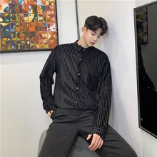 Мужская Вельветовая свободная полосатая деловая Мужская рубашка в стиле кэжуал, винтажная модная уличная одежда в стиле хип-хоп, вечерние рубашки