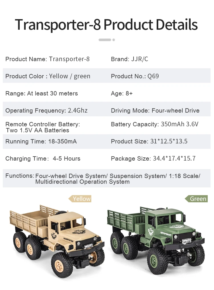 JJRC Q68 1/18 2.4G 4CH 6WD 130 Brushed Motor RC Vehicle Off-Road Military Truck Car RTR Model Toys for Boys Green/Yellow