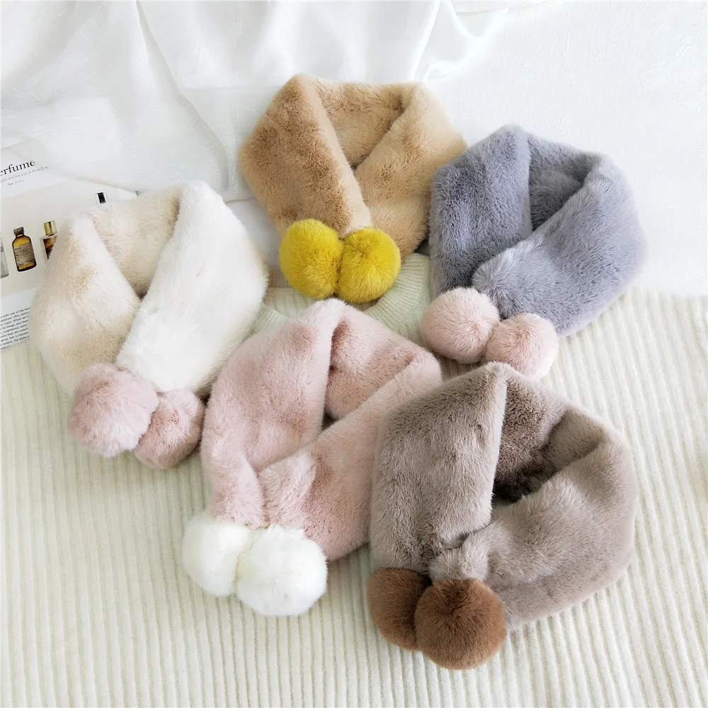 

Long Plush Scarf Solid Color Pompom Scarves Faux Fur Collar Neck Warmer Faux Rabbit Fur Soft Thicken Double Fur Ball Snood Scarf