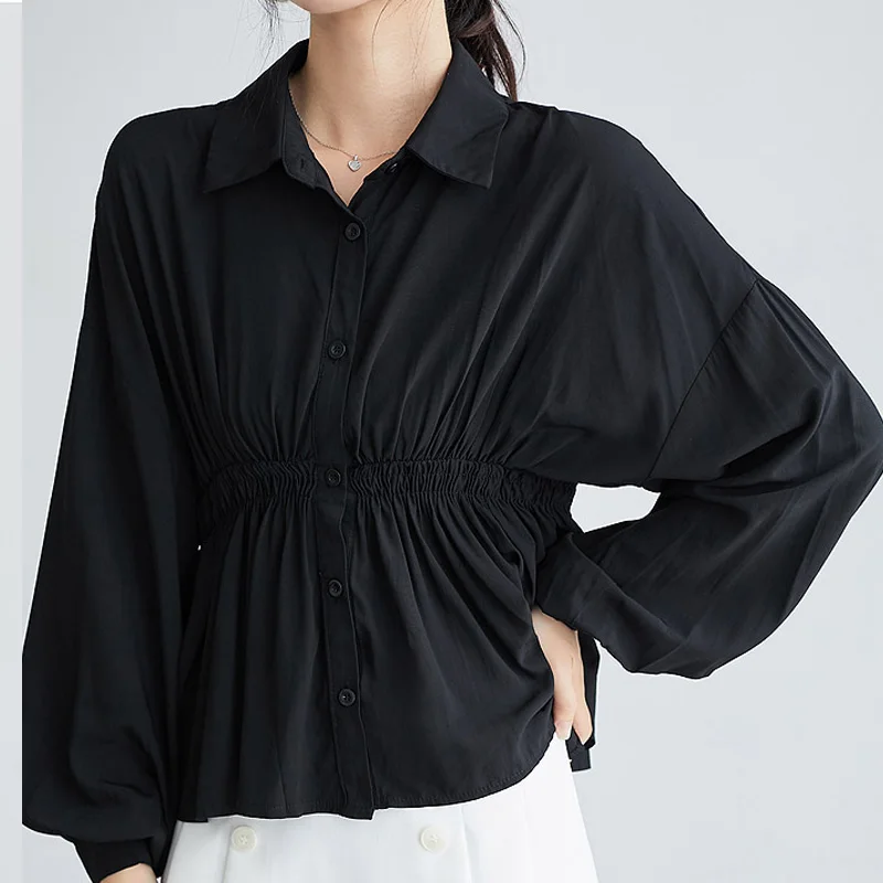 

Korean Style Black Fashion Lantern Sleeve Loose Blouse Women Casual Elastic Waist Turn-Down Collar OL Elegant Shirt Mujer