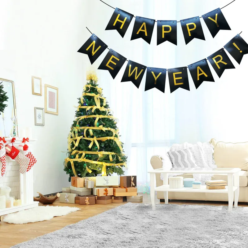 Chicinlife 1Set Black Happy New Year Banner Merry Christmas Eve New Year Party Garland Bunting Navidad Home Decor Supplies