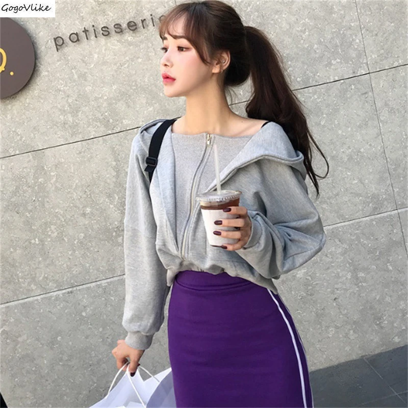 Thin hoodies Укороченные толстовки Харадзюку женские серые повседневные Фитнес-толстовки с капюшоном женские на молнии осенние короткие дизайнерские толстовки SA287S50 - Цвет: Thin hoodies