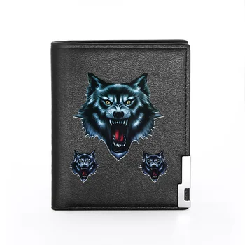 

High Quality Wolf Theme Printing Black Pu Leather wallet Men Boy Bifold Credit Card Holder Short Purse Male