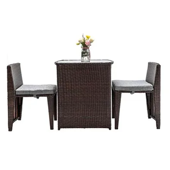 

3PCS Rattan Wicker Bistro Set with Glass Top Table 2 Chairs Space Saving Design Brown Garden Furniture Set