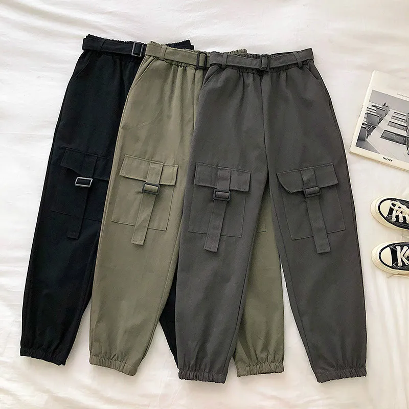 Neploe Multi-pocket Ankle Cargo Pants Women Fall/winter New Korean Elastic Waist Trousers Casual Harem Pant with Belt 55181