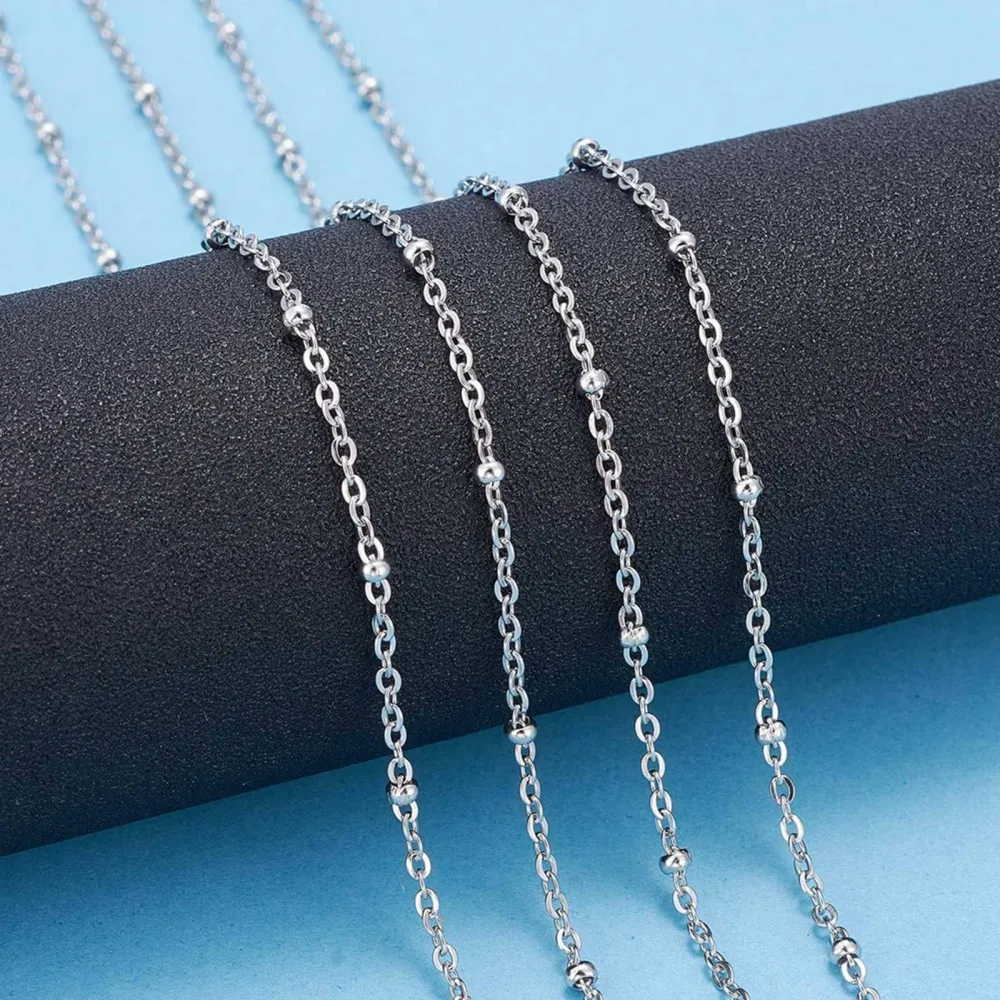 10 m 304 Stainless Steel Soldered Flat Oval Cable Chains with Beads for jewelry making Accessories Stainless Steel Color