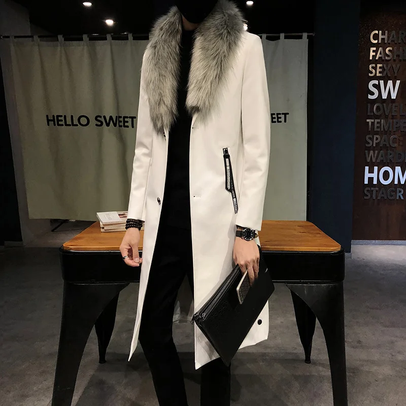 Мужская Зимняя Новая повседневная теплая куртка с воротником из искусственного меха, пальто с длинным рукавом, однотонный плащ с отворотом из искусственной кожи, верхняя одежда