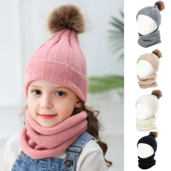 

2019 Winter Warm Toddler Kids Baby Girl Boy Crochet Knit Hat+Beanie Hat 2Pcs Solid Children Hairball Hat Neckerchief 0-3Years