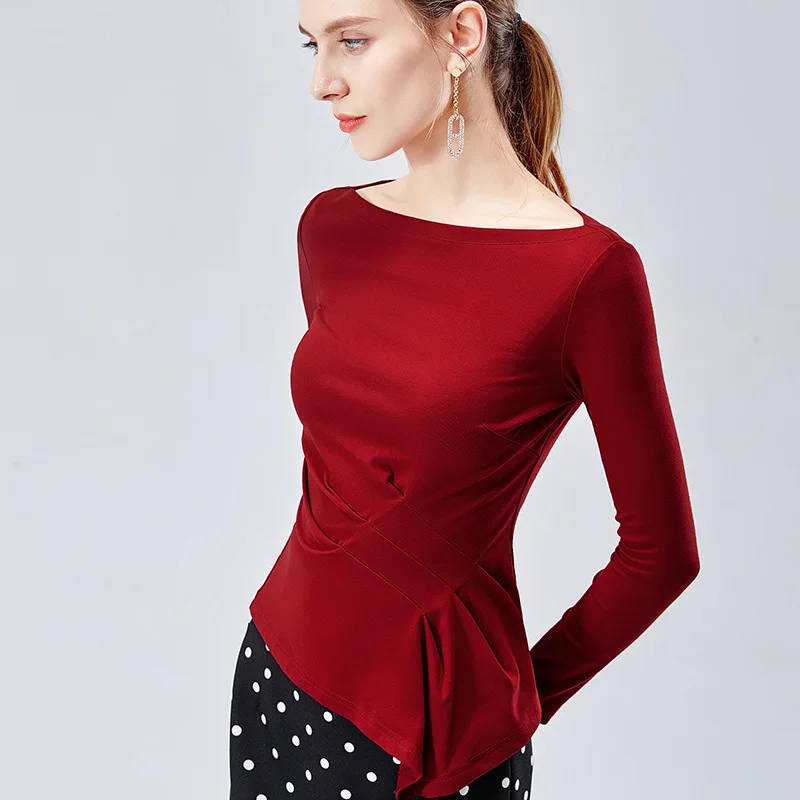 

Foamlina Elegant Ladies Cotton T Shirt Top Sexy Slash Neck Long Sleeved Autumn Top Pleated Irregular Trim Casual Women Top